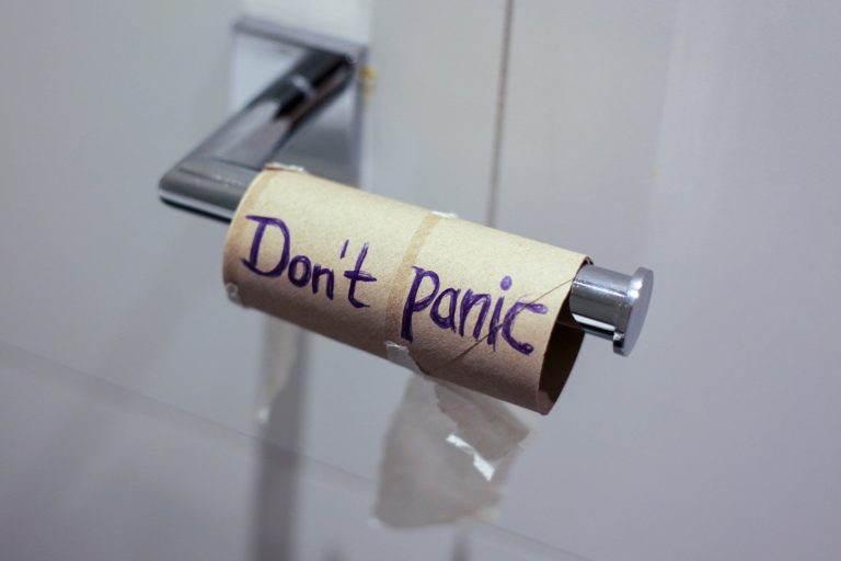 Rouleau de papier toilette vide avec le message "Don't panic" écrit dessus.