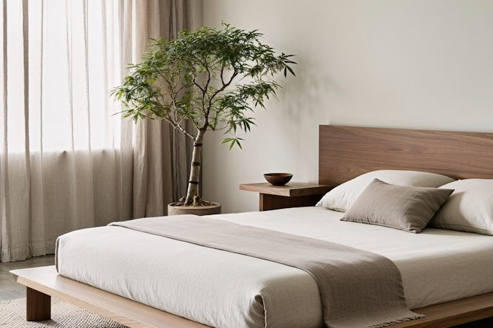 Draps blancs froissés avec des oreillers sur un lit au fond en béton.