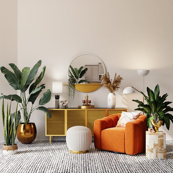 Salon moderne avec un fauteuil orange, plantes d'intérieur et décor minimaliste.