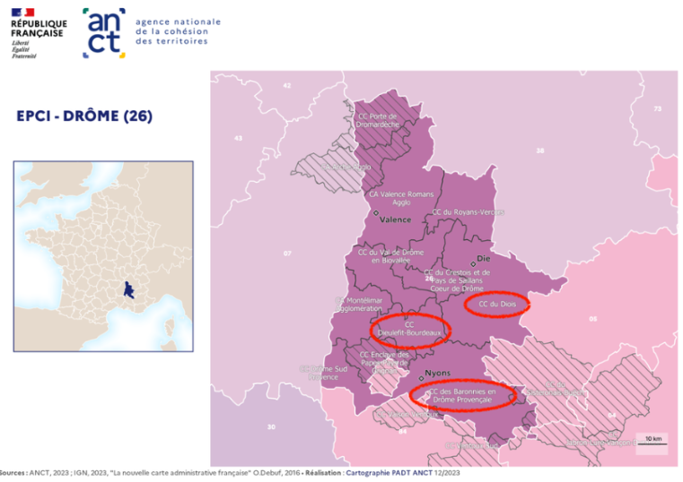 Carte du département de la Drôme, montrant les départements en nuances de violet.